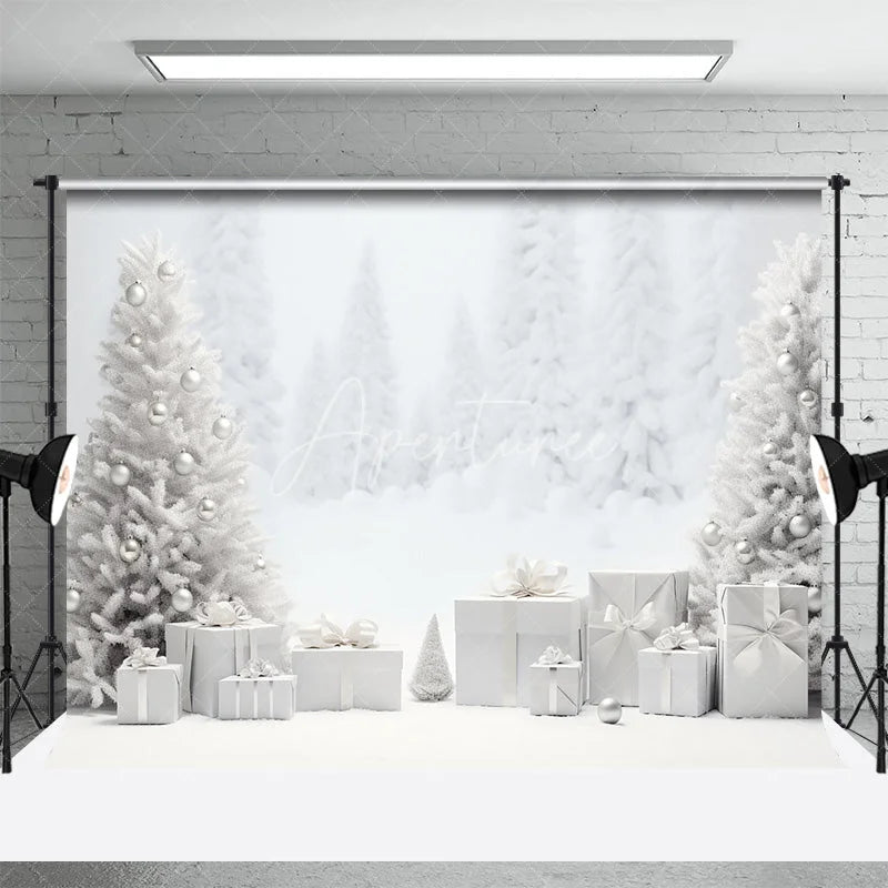 Aperturee - Aperturee White Christmas Backdrop Snowy Forest Silver Ornament Photography Background Winter Wonderland Holiday Party