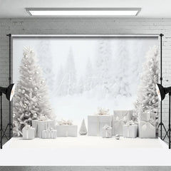 Aperturee - Aperturee White Christmas Backdrop Snowy Forest Silver Ornament Photography Background Winter Wonderland Holiday Party