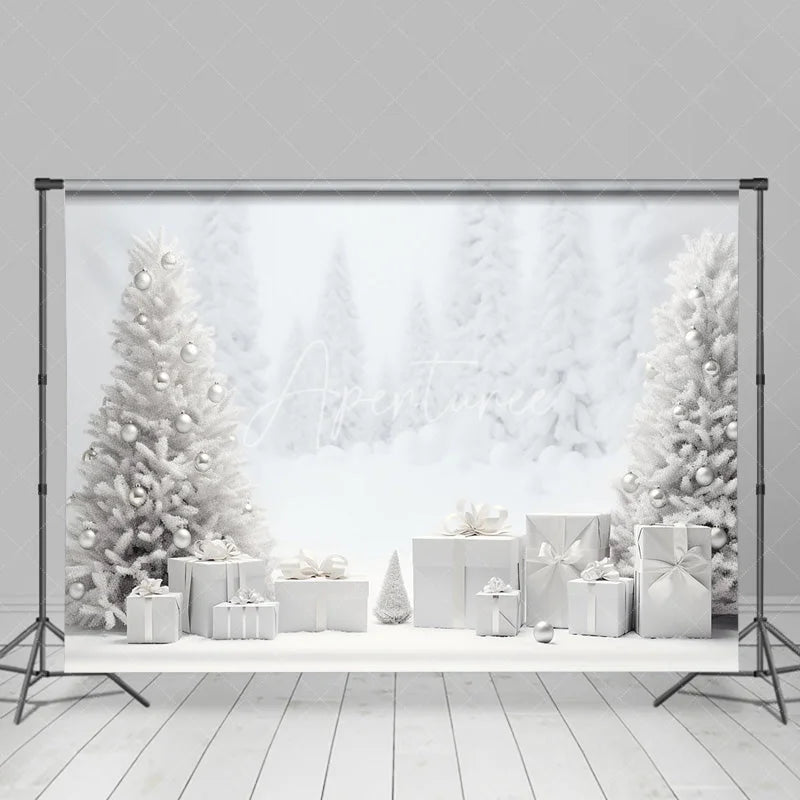Aperturee - Aperturee White Christmas Backdrop Snowy Forest Silver Ornament Photography Background Winter Wonderland Holiday Party