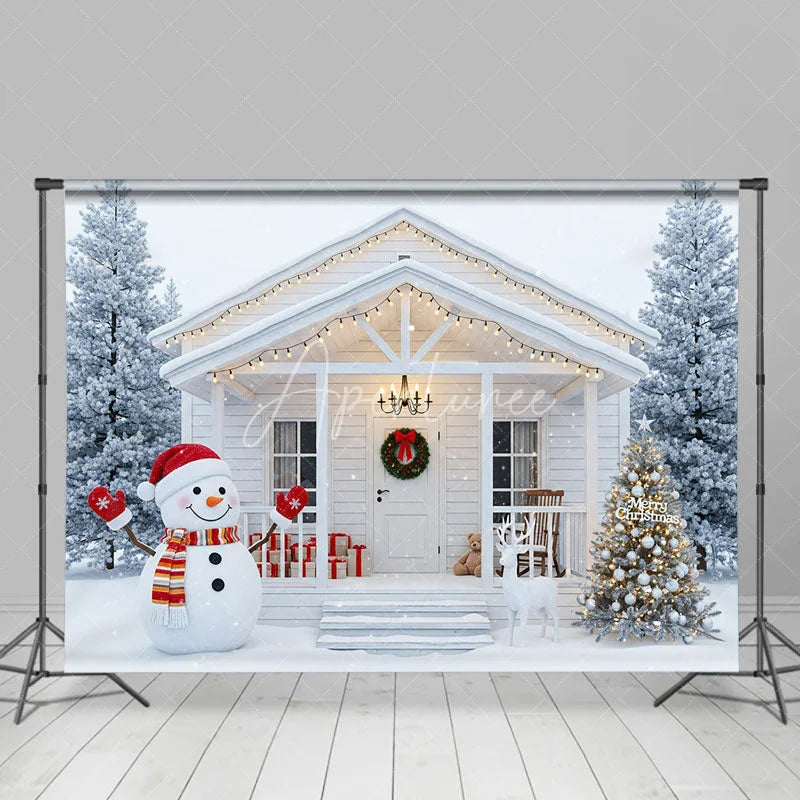 Aperturee - Aperturee White Christmas Porch Backdrop Snowman and Reindeer Silver Xmas Tree Winter Holiday Photography Props