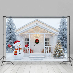 Aperturee - Aperturee White Christmas Porch Backdrop Snowman and Reindeer Silver Xmas Tree Winter Holiday Photography Props