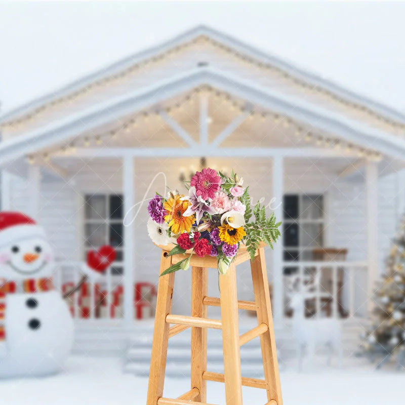 Aperturee - Aperturee White Christmas Porch Backdrop Snowman and Reindeer Silver Xmas Tree Winter Holiday Photography Props