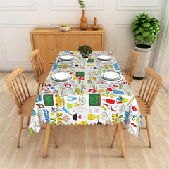 Aperturee - Aperturee White Colorful Back to School Doodles Rectangle Tablecloth Fun Educational Theme for Classroom Party and Home Decor