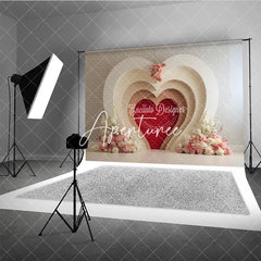 Aperturee - Aperturee White Cream Layered Heart Arch Red Heart Photography Backdrop with Pink Floral Romantic Valentine’s Day Wedding Decor