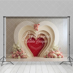 Aperturee - Aperturee White Cream Layered Heart Arch Red Heart Photography Backdrop with Pink Floral Romantic Valentine’s Day Wedding Decor