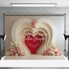 Aperturee - Aperturee White Cream Layered Heart Arch Red Heart Photography Backdrop with Pink Floral Romantic Valentine’s Day Wedding Decor