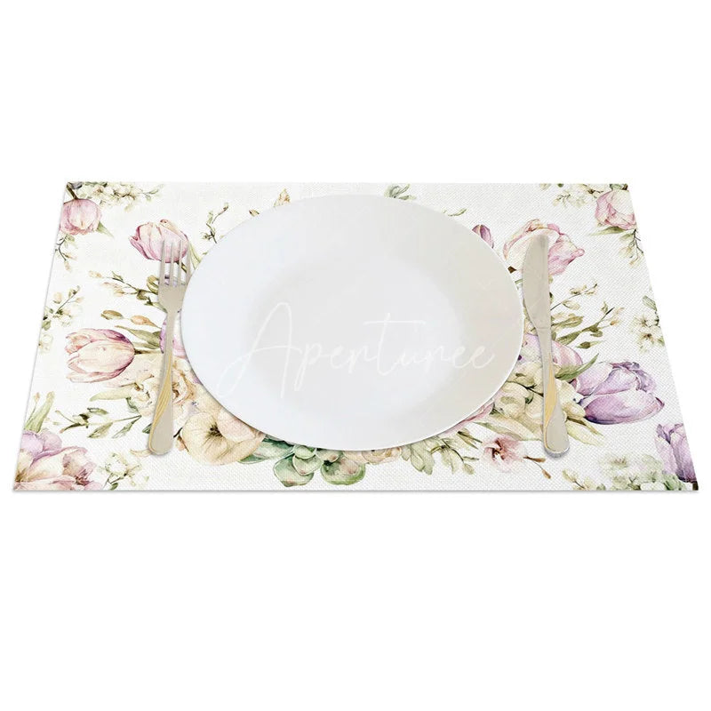 Aperturee - Aperturee White Cross Floral Rabbit Set of 4 Placemats Religious Easter Bunny Table Mats for Spring Party
