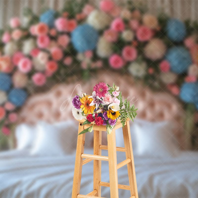 Aperturee - Aperturee White Curtain Floral And Soft Headboard Backdrop