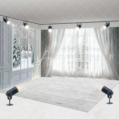 Aperturee - Aperturee White Curtain Window Snowy Winter Room Set Backdrop