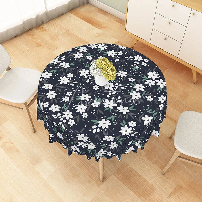 Aperturee - Aperturee White Daisy Floral Pattern Round Tablecloth Navy Blue Spring Kitchen Dining Decor