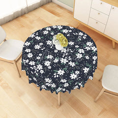 Aperturee - Aperturee White Daisy Floral Pattern Round Tablecloth Navy Blue Spring Kitchen Dining Decor