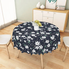 Aperturee - Aperturee White Daisy Floral Pattern Round Tablecloth Navy Blue Spring Kitchen Dining Decor