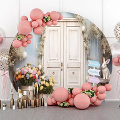 Aperturee - Aperturee White Door Spring Garden Round Backdrop with Pastel Flowers and Easter Bunnies Celebration Decor