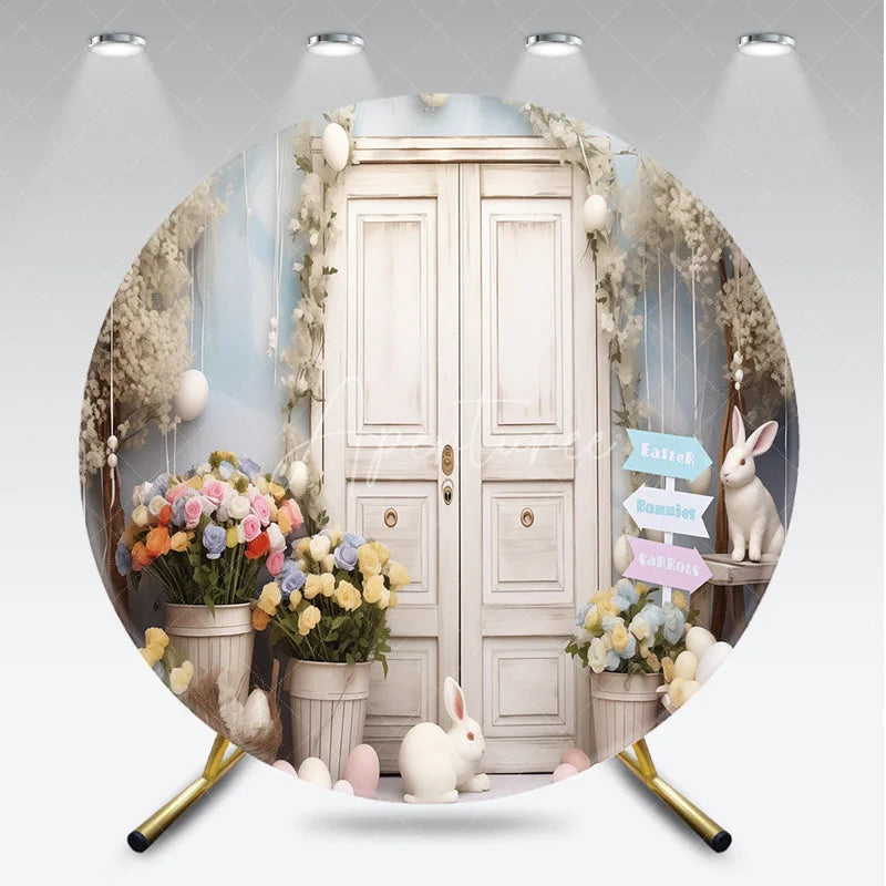 Aperturee - Aperturee White Door Spring Garden Round Backdrop with Pastel Flowers and Easter Bunnies Celebration Decor