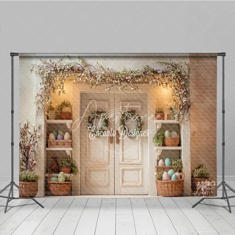 Aperturee - Aperturee White Doors Floral Garland Easter Photography Backdrop Green Wreaths and Egg Shelves Studio Background