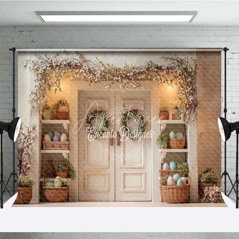 Aperturee - Aperturee White Doors Floral Garland Easter Photography Backdrop Green Wreaths and Egg Shelves Studio Background
