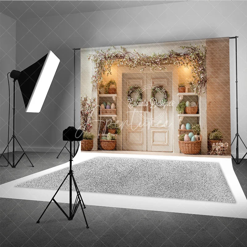 Aperturee - Aperturee White Doors Floral Garland Easter Photography Backdrop Green Wreaths and Egg Shelves Studio Background