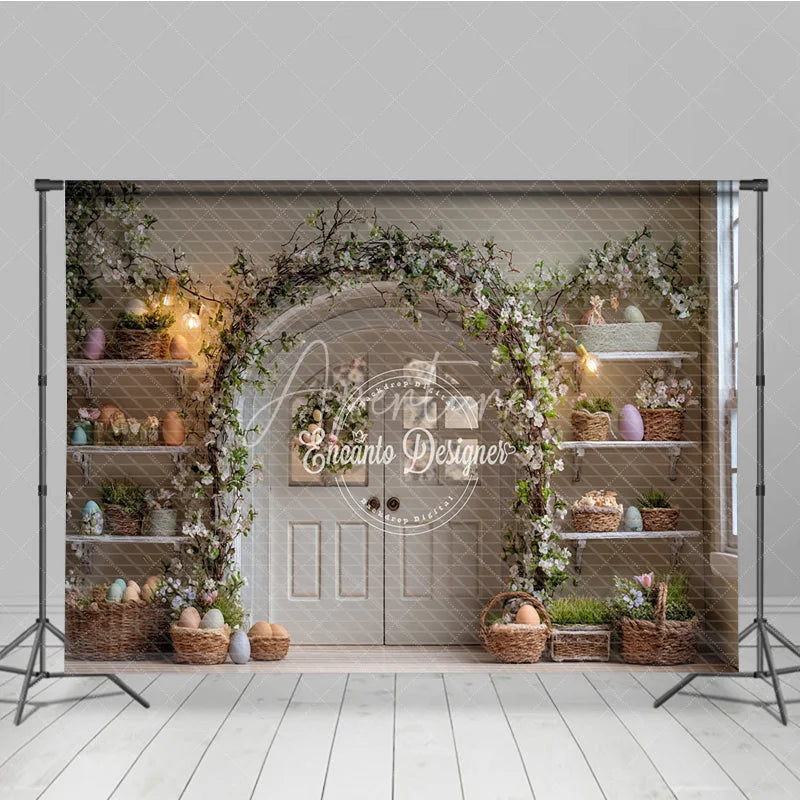 Aperturee - Aperturee White Double Doors Easter Photography Backdrop Floral Arch and Pastel Egg Shelves Studio Background