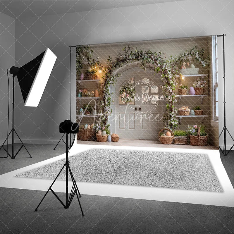 Aperturee - Aperturee White Double Doors Easter Photography Backdrop Floral Arch and Pastel Egg Shelves Studio Background