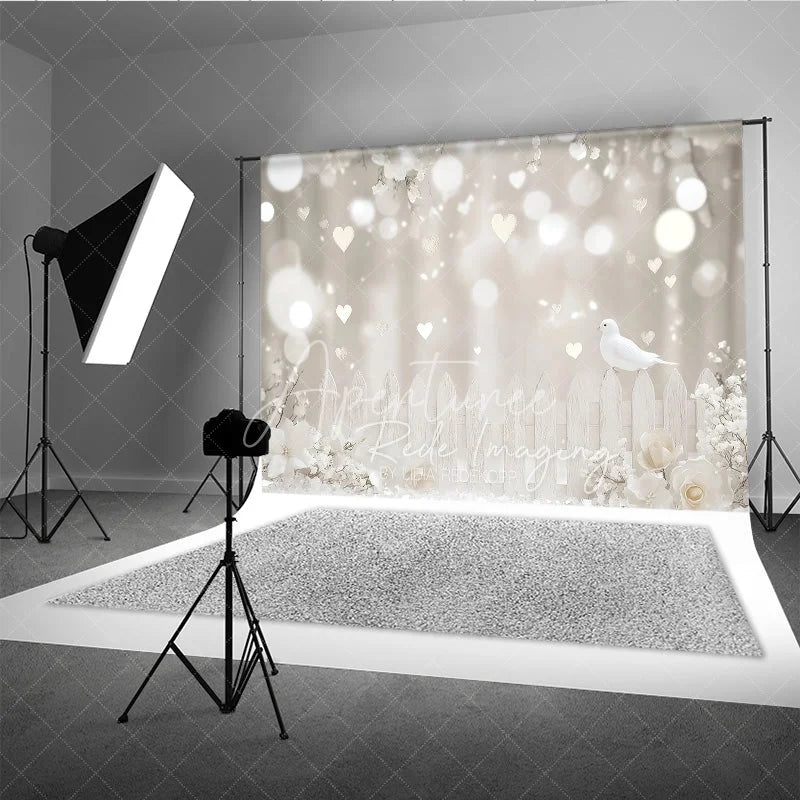 Aperturee - Aperturee White Dove and Heart Bokeh Photography Backdrop Elegant Floral Fence Romantic Wedding Studio Background