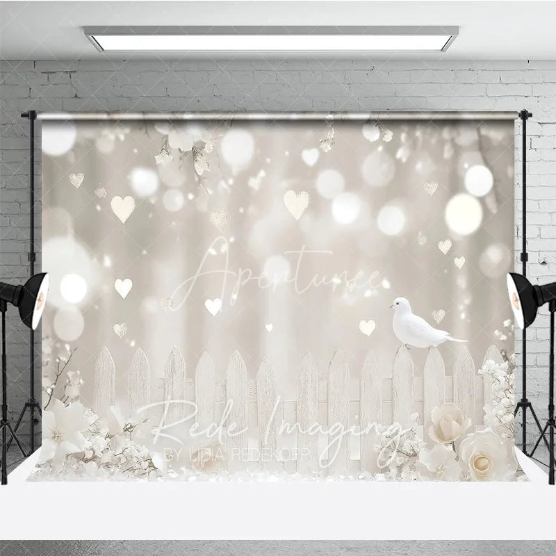 Aperturee - Aperturee White Dove and Heart Bokeh Photography Backdrop Elegant Floral Fence Romantic Wedding Studio Background