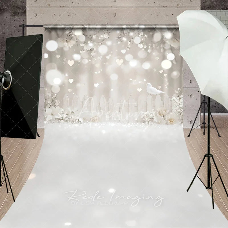 Aperturee - Aperturee White Dove Heart Bokeh Photography Backdrop Dreamy Floral Fence Seamless Sweep Portrait Studio Background