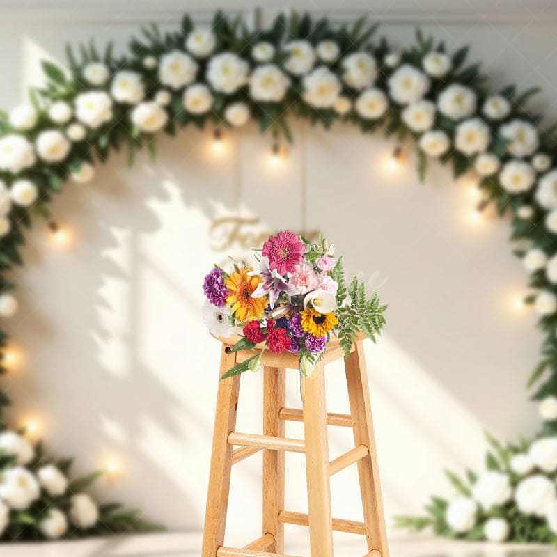 Aperturee - Aperturee White Floral Circular Arch Lights Wedding Backdrop