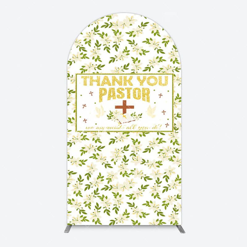 Aperturee - Aperturee White Floral Leaves Thank You Pastor Arch Backdrop