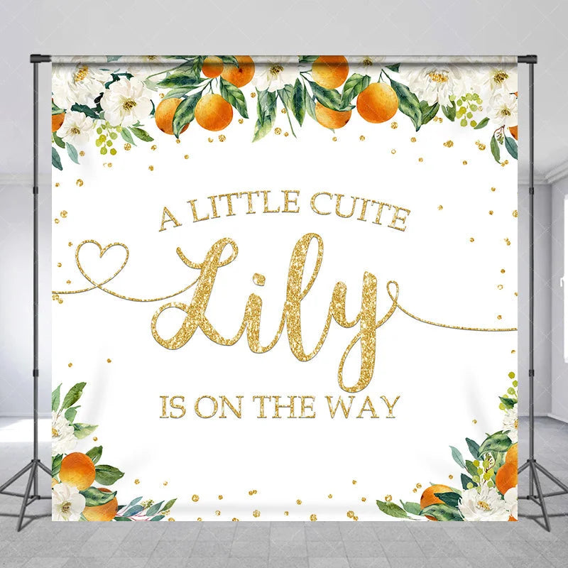Aperturee - Aperturee White Floral Orange Gold Glitter Custom Baby Shower Backdrop A Little Cute Name Is On The Way