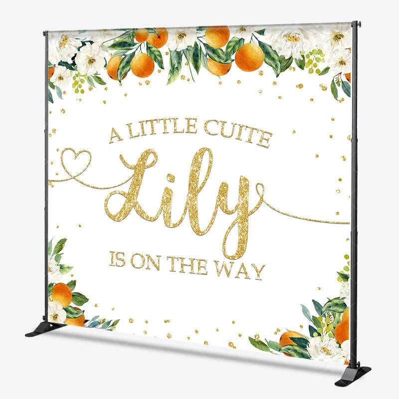 Aperturee - Aperturee White Floral Orange Gold Glitter Custom Baby Shower Backdrop A Little Cute Name Is On The Way