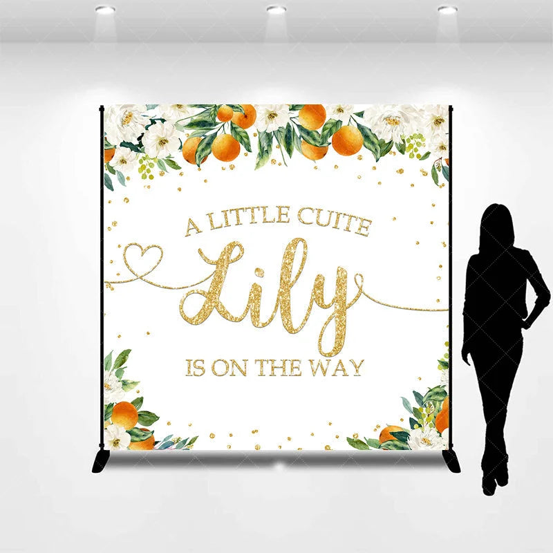 Aperturee - Aperturee White Floral Orange Gold Glitter Custom Baby Shower Backdrop A Little Cute Name Is On The Way