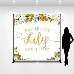 Aperturee - Aperturee White Floral Orange Gold Glitter Custom Baby Shower Backdrop A Little Cute Name Is On The Way