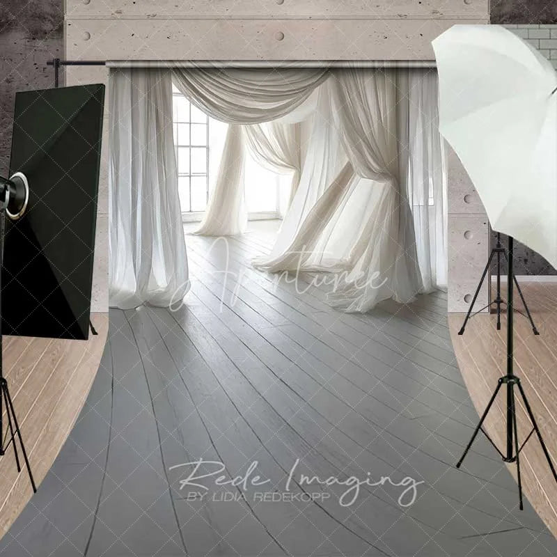 Aperturee - Aperturee White Flowing Fabric Sweep Backdrop Rustic White Wood Photography Floor Mat Dreamy Maternity Decoration