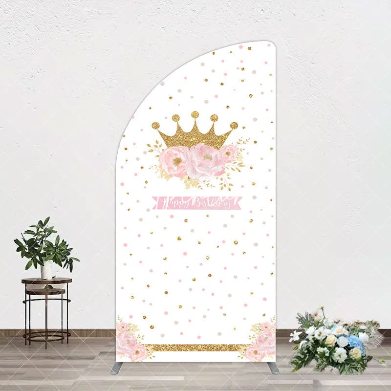 Aperturee - Aperturee White Gold Crown Pink Floral Arch Birthday Backdrop