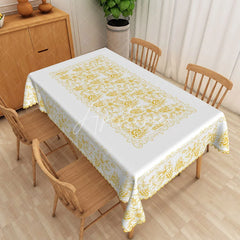 Aperturee - Aperturee White Gold Floral Rectangle Tablecloth Elegant Damask Flower Dining Table Cover for Wedding