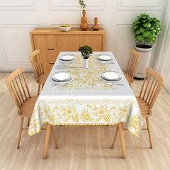 Aperturee - Aperturee White Gold Floral Rectangle Tablecloth Elegant Damask Flower Dining Table Cover for Wedding