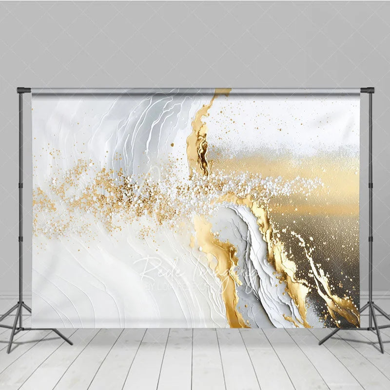 Aperturee - Aperturee White Grey and Gold Glitter Abstract Photography Backdrop Elegant Fluid Marble Design