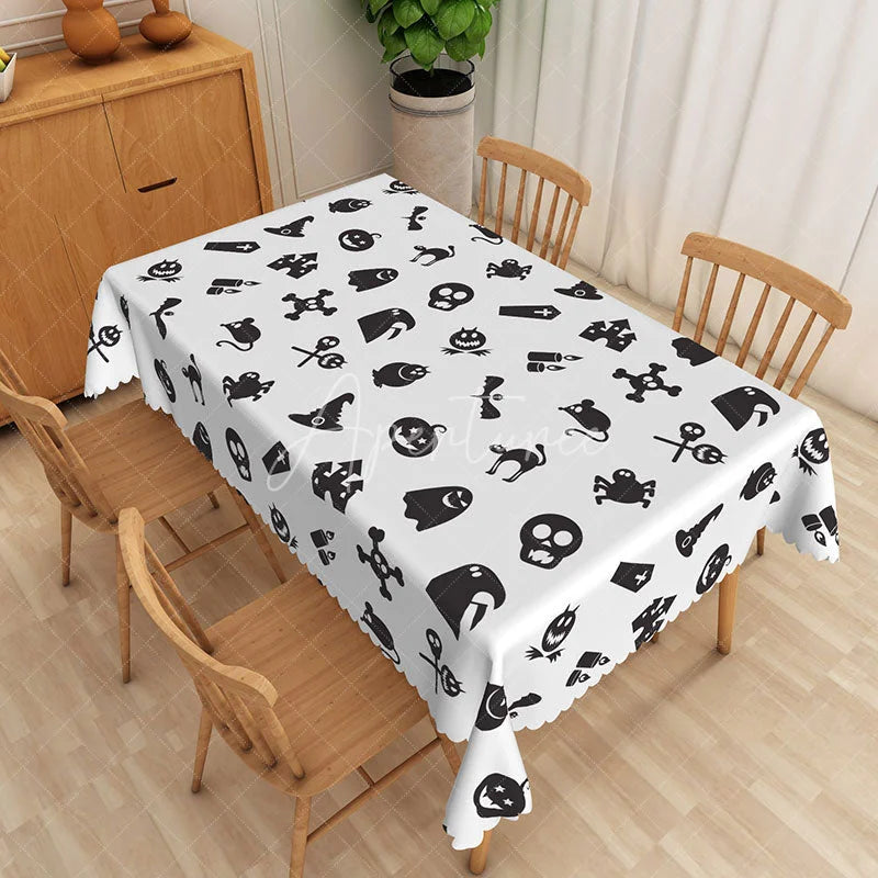Aperturee - Aperturee White Halloween Rectangle Tablecloth with Skulls Bats and Pumpkins for Modern Spooky Party Decor