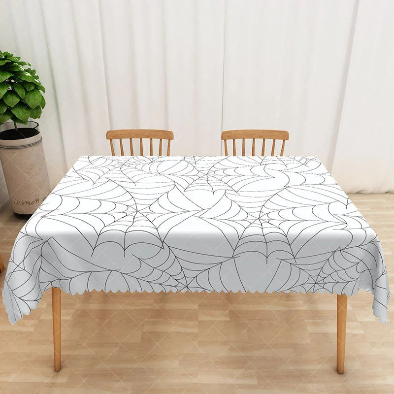 Aperturee - Aperturee White Halloween Rectangle Tablecloth with Spider Web Pattern for Modern and Minimalist Spooky Decor