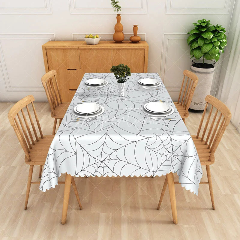 Aperturee - Aperturee White Halloween Rectangle Tablecloth with Spider Web Pattern for Modern and Minimalist Spooky Decor