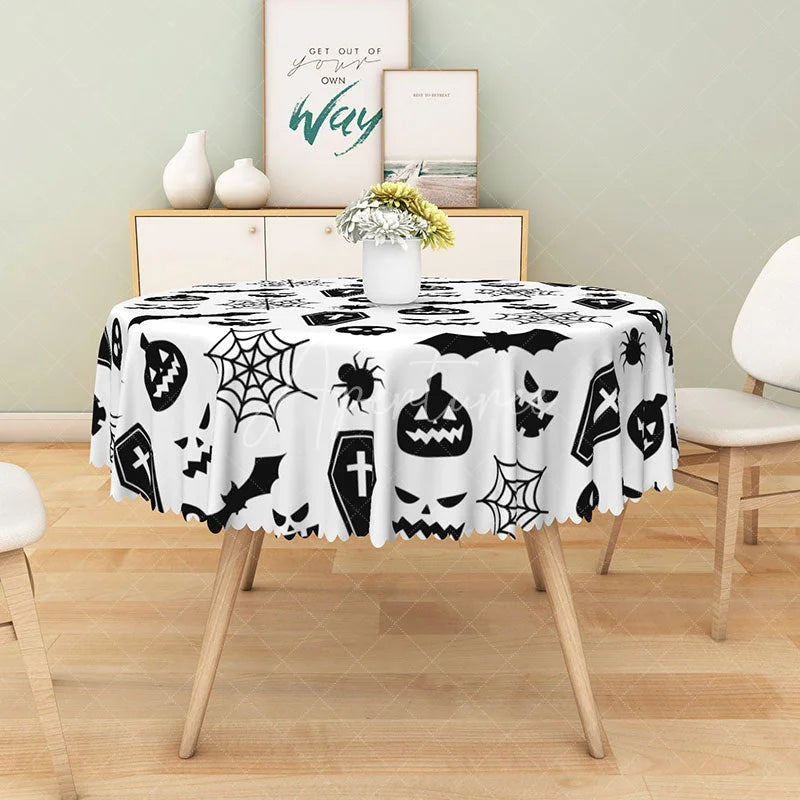 Aperturee - Aperturee White Halloween Round Tablecloth with Bats Spiderwebs and Jack-o’-Lanterns for Spooky Decor