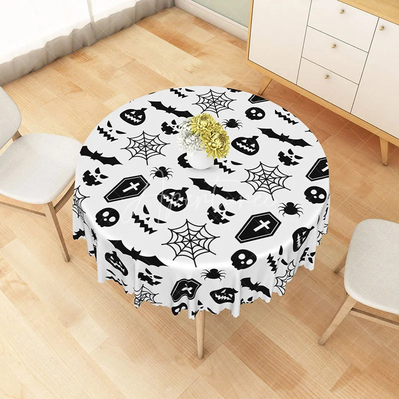Aperturee - Aperturee White Halloween Round Tablecloth with Bats Spiderwebs and Jack-o’-Lanterns for Spooky Decor