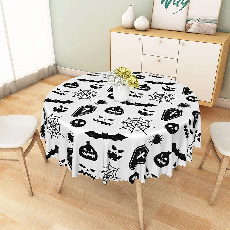 Aperturee - Aperturee White Halloween Round Tablecloth with Bats Spiderwebs and Jack-o’-Lanterns for Spooky Decor