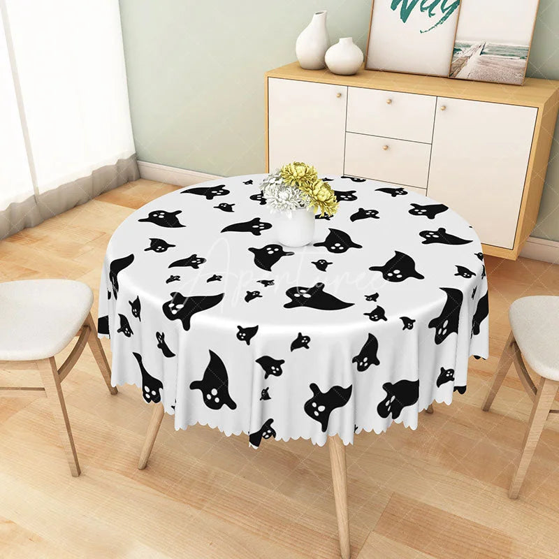 Aperturee - Aperturee White Halloween Round Tablecloth with Cute Ghost Pattern for Fun and Spooky Kids Party Decorations