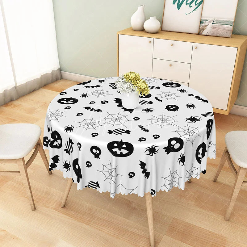 Aperturee - Aperturee White Halloween Round Tablecloth with Jack-o’-Lanterns and Spiderwebs for Spooky Party Decor