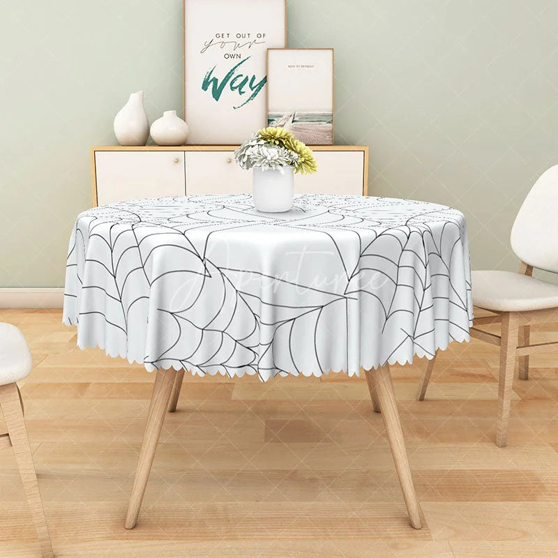 Aperturee - Aperturee White Halloween Round Tablecloth with Spider Web Pattern for Modern and Minimalist Spooky Decor