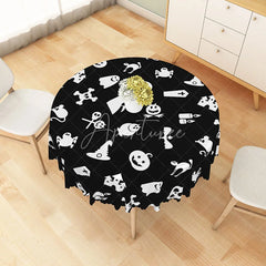 Aperturee - Aperturee White Halloween Round Tablecloth with Witch Hat Jack-O’-Lantern and Spiders for Spooky Decor