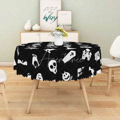 Aperturee - Aperturee White Halloween Round Tablecloth with Witch Hat Jack-O’-Lantern and Spiders for Spooky Decor