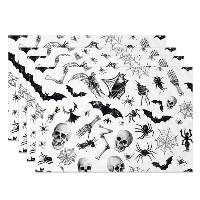 Aperturee - Aperturee White Halloween Set of 4 Placemats with Bats Spiders and Skeletons for Modern Spooky Decor