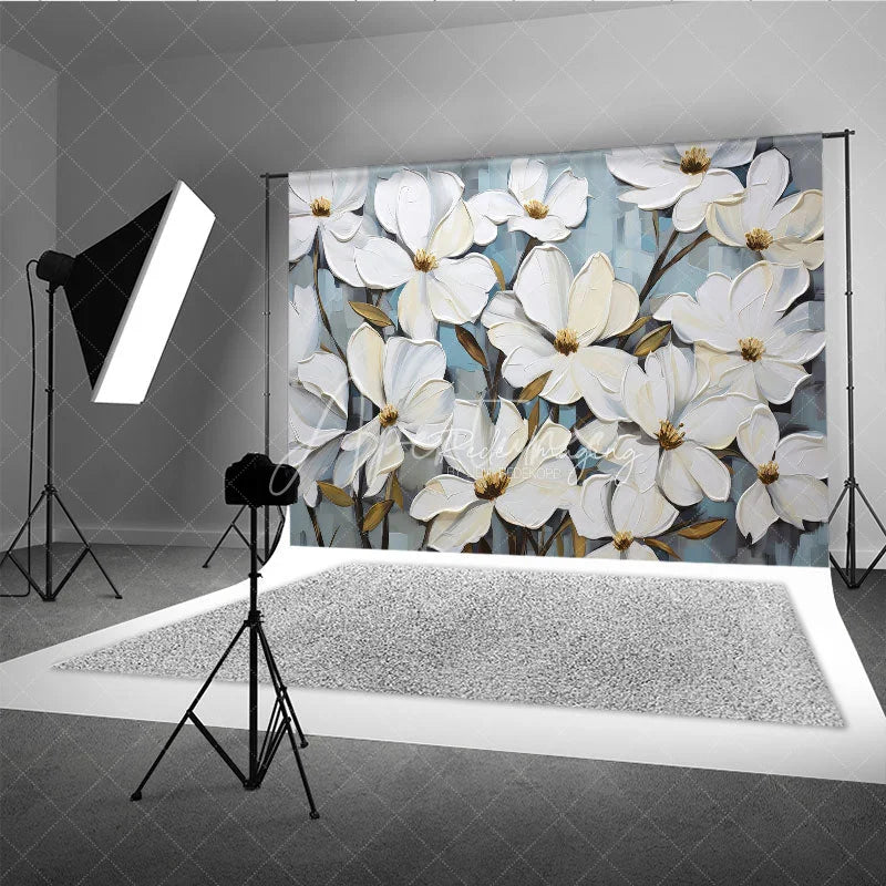 Aperturee - Aperturee White Magnolia Floral Backdrop Oil Painting Style Flower Art Background Elegant Photography Studio Prop